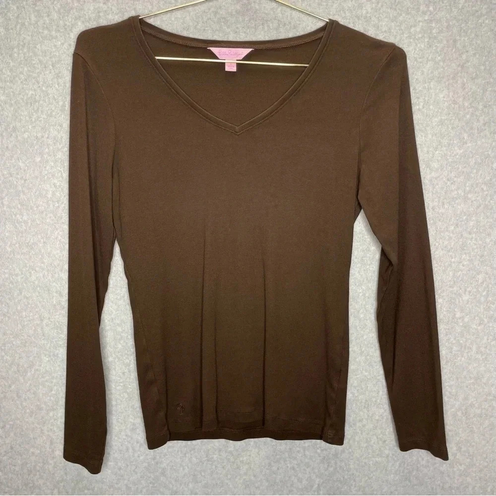 Lillly Pulitzer Brown Model Pima Cotton Blend V Neck Long Sleeve Top